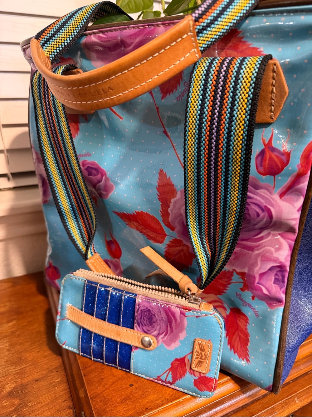 Consuela Floral Tote Bag + Matching Wallet Blue Purple Rose Leather Set
